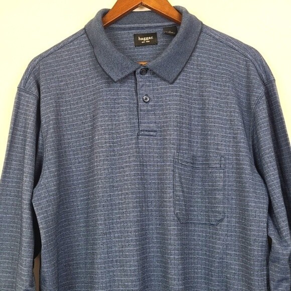 Haggar Mens Long Sleeve Blue Polo Shirt Pullover Size Large - Picture 2 of 13
